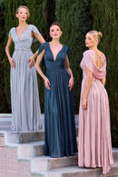 A-Line Dress In Shimmering Pleated Chiffon, Soft Draped Bodice With Deep V-Neck