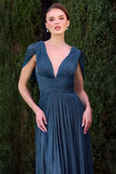 A-Line Dress In Shimmering Pleated Chiffon, Soft Draped Bodice With Deep V-Neck